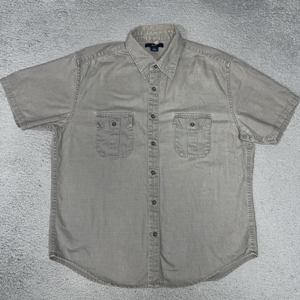 VTG Gap Shirt Men's Size L Gray Short Sleeve Linen Blend Utilty Button Down Y2k